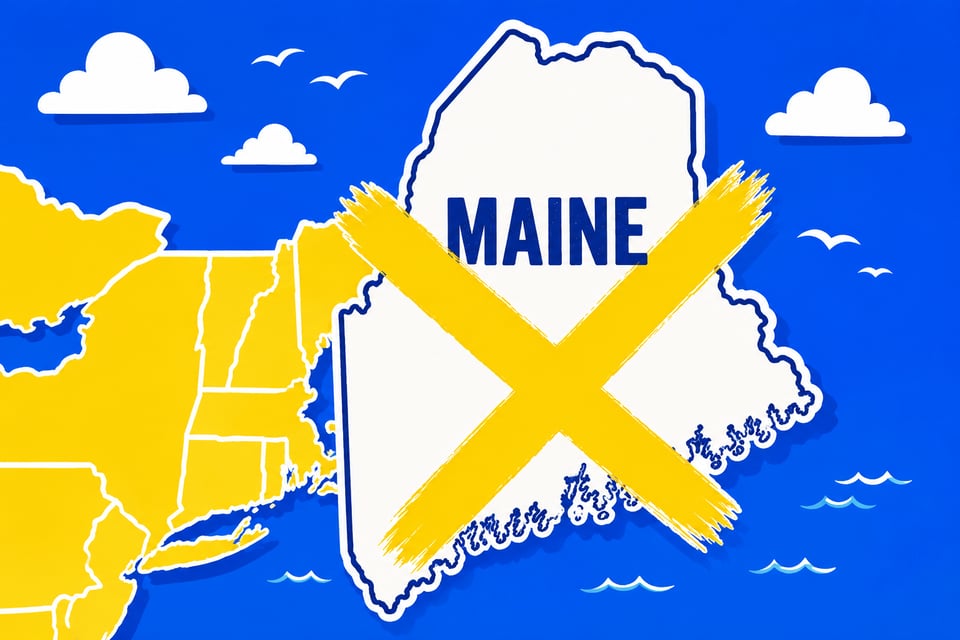 A cartoon representation of an X drawn through Maine on a map using a vibrant blue, yellow, and white color scheme.