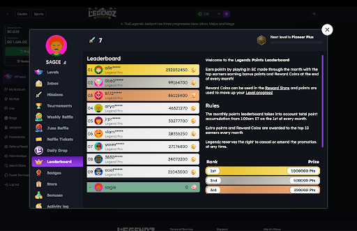 Legendz Casino leaderboard