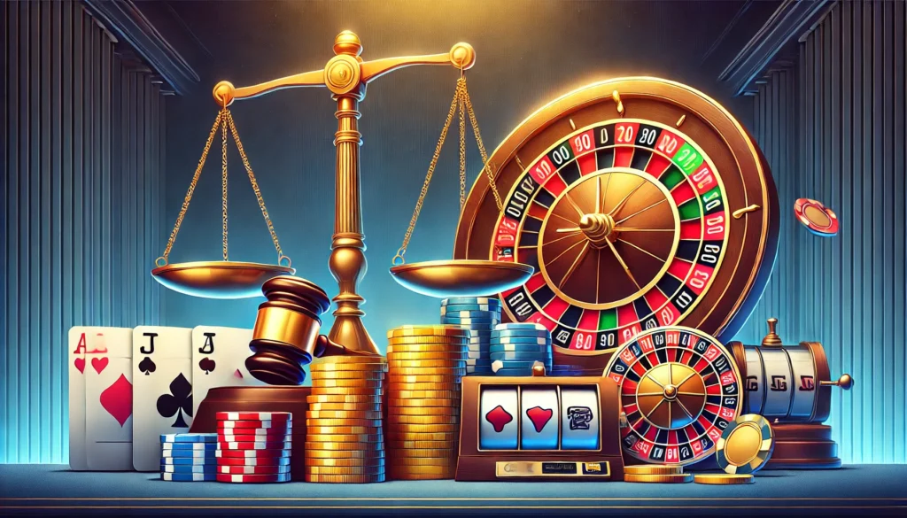 AI cartoon image showing a justice balance, gavel, and casino elements on a table with a blue background