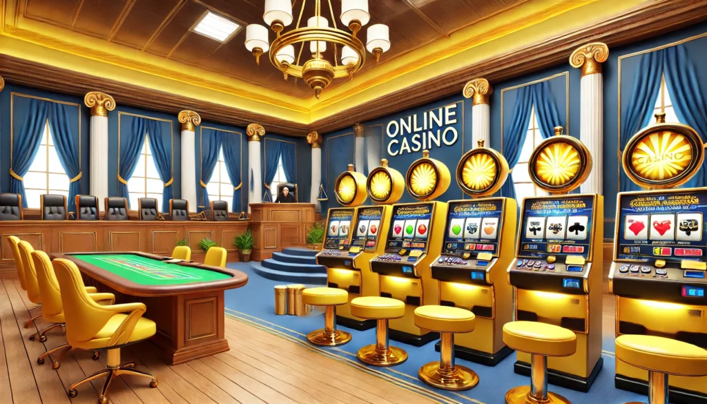 AI-generated image of a cartoon courtroom featuring slot machines and a gaming table
