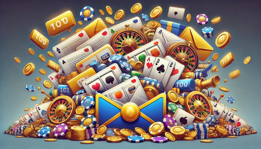 AI created cartoon image representing an email inbox overcrowded with promo messages from online sweeps casino sites, featuring casino elements such as playing cards and a roulette wheel