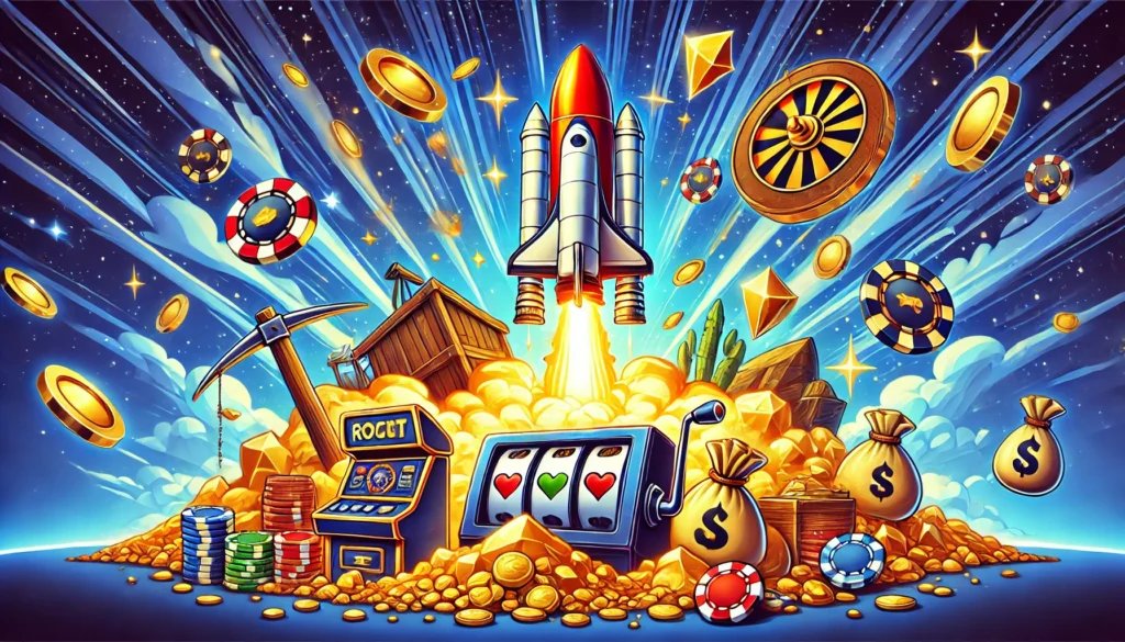 AI cartoon image of a rocket launch surrounded by gold mining and casino elements