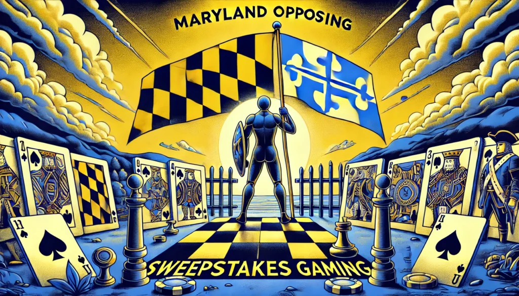 AI image representing Maryland being opposed to sweepstakes gaming, with chess player leading playing cards into battle