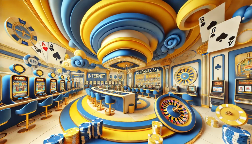 AI cartoon image of internet cafe with casino elements, such as slot machines and roulette wheels, throughout