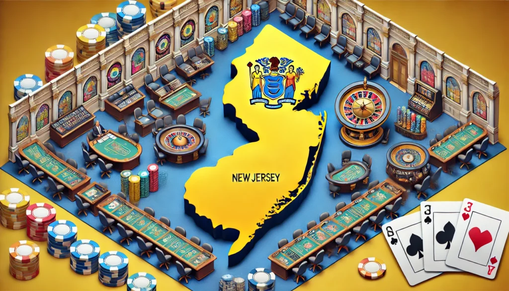 An AI cartoon image showing a legislature with casino elements and a yellow NJ state outline