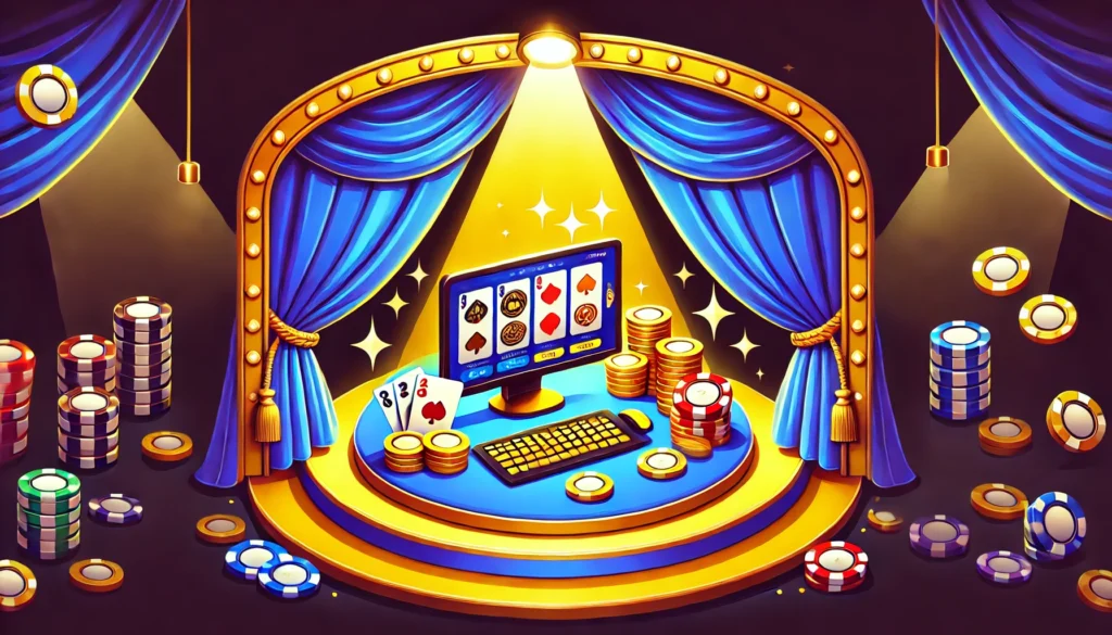 AI cartoon image of a computer playing casino games on stage with a spotlight shining on it