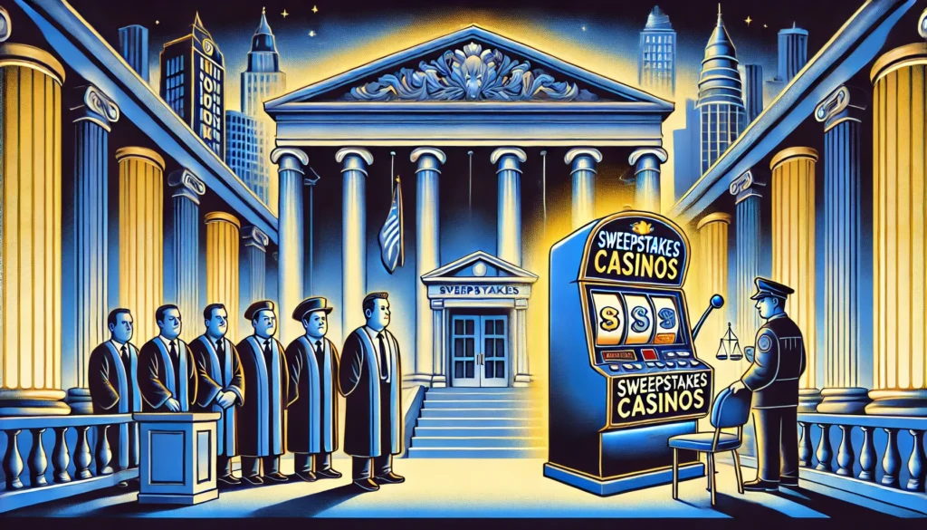 AI cartoon image of a slot machine representing sweepstakes casinos facing legal judgement from judges in front of a legal building with the New York skyline in the background