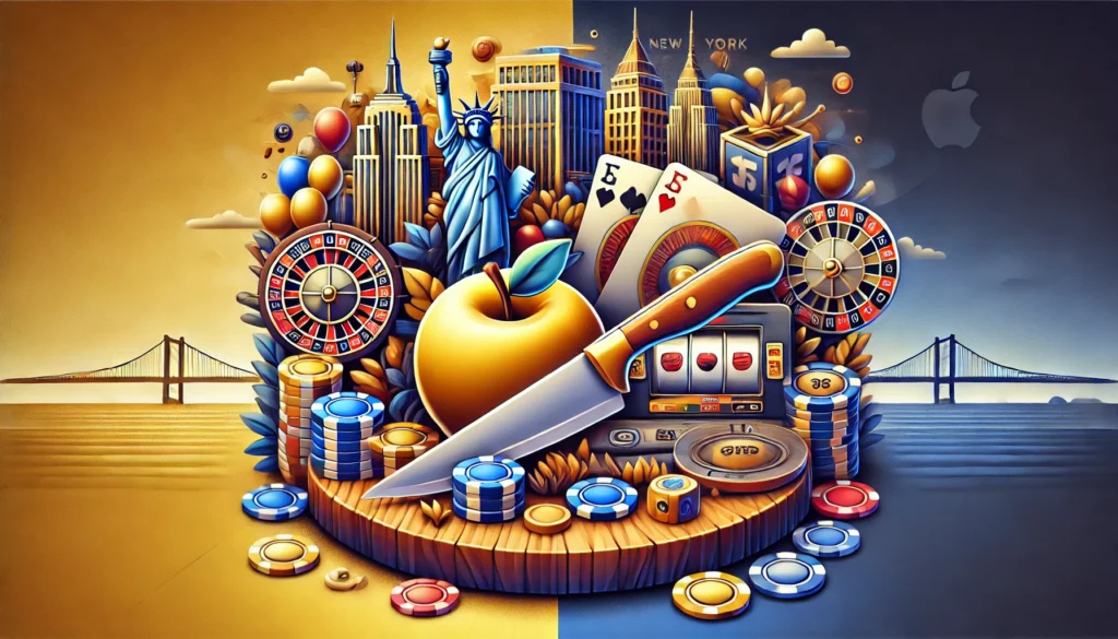 AI image representing sweepstakes casinos being on the chopping block in NY, featuring NY elements including the Statue of Liberty and a big apple