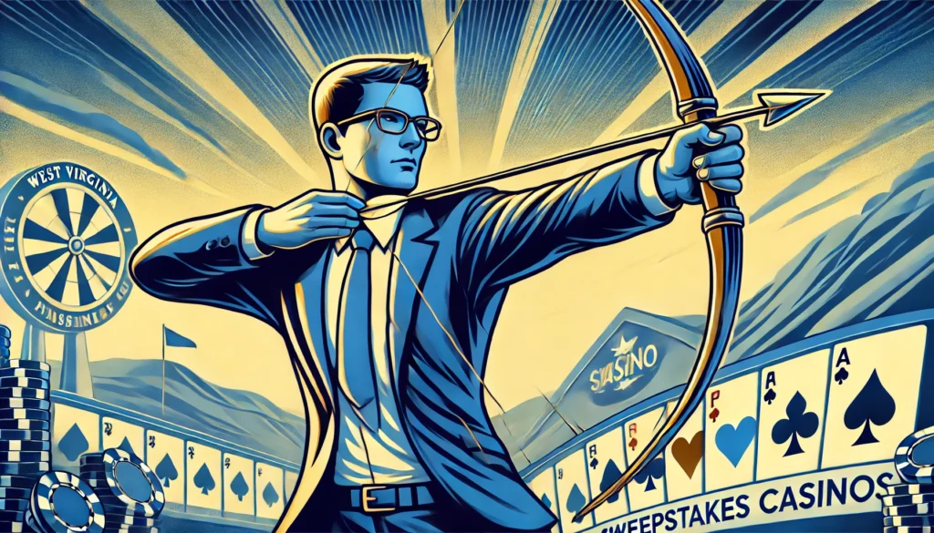 AI cartoon image of man representing West Virginia attorney general holding a bow and arrow with sweepstakes casino imagery in the background
