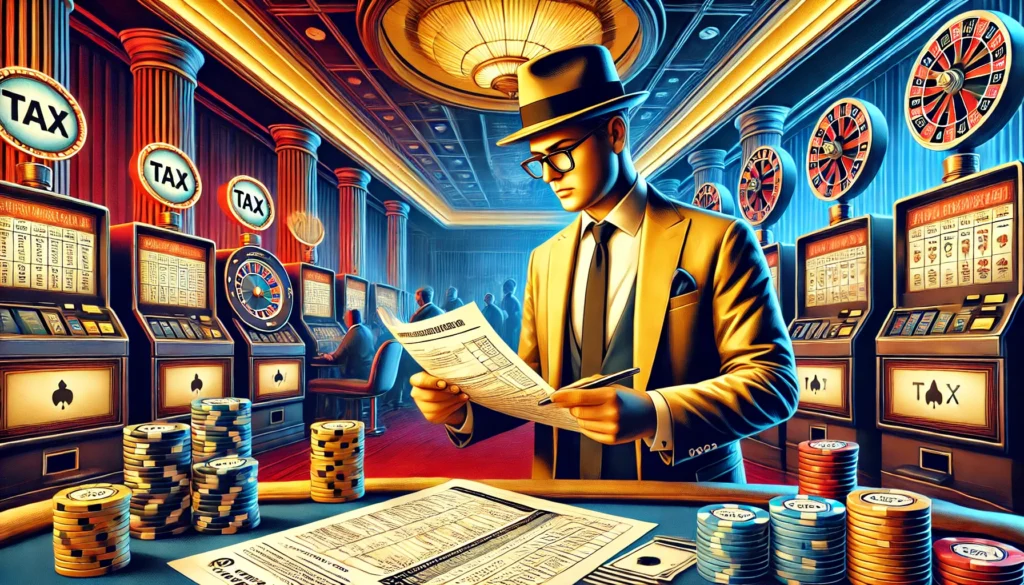 AI image showing drawing of man holding tax documents in the middle of a casino, with slot machines on either side of him