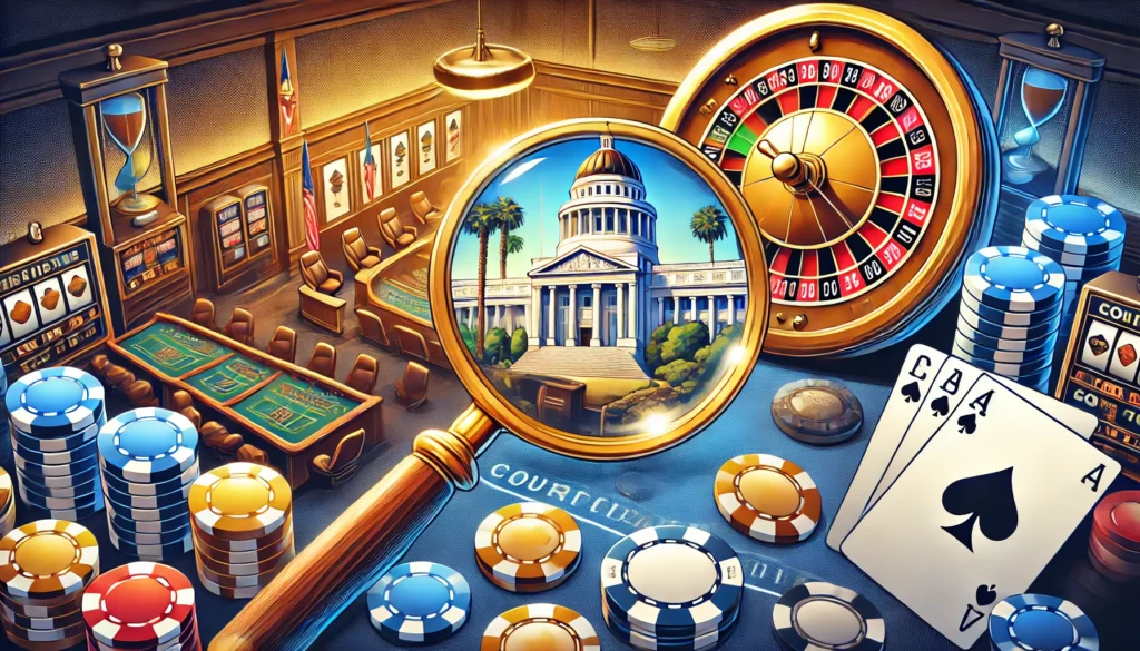 AI image showing California courthouse in magnifying glass surrounded by courtroom with casino elements such as poker chips and a roulette wheel