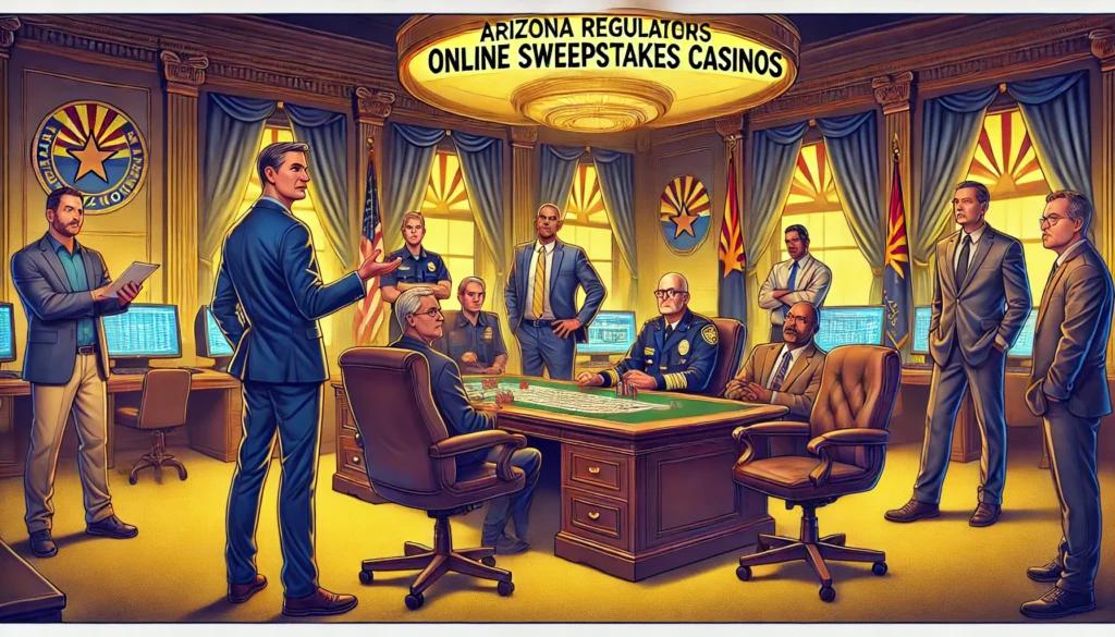 AI created cartoon image representing AZ regulators meeting to warn residents about online sweepstakes casinos