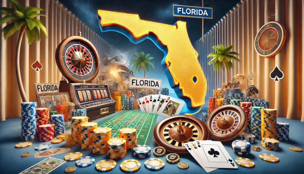 AI drawing showing a big yellow outline of Florida surrounded by casino elements, such as poker chips and roulette wheels, as well as palm trees