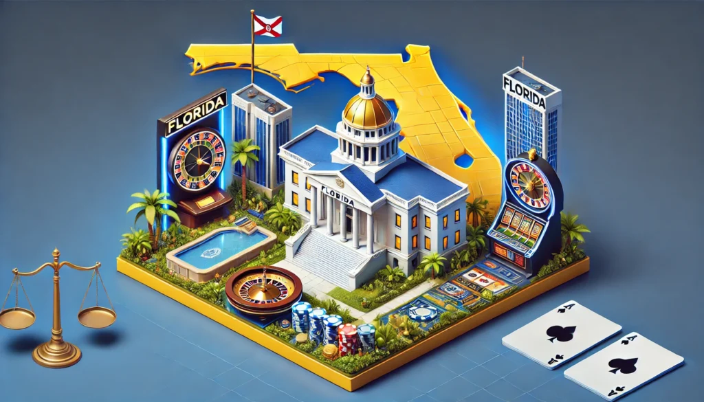 AI image of a yellow Florida outline, a courthouse, and casino elements all on a grass-covered platform on a blue screen