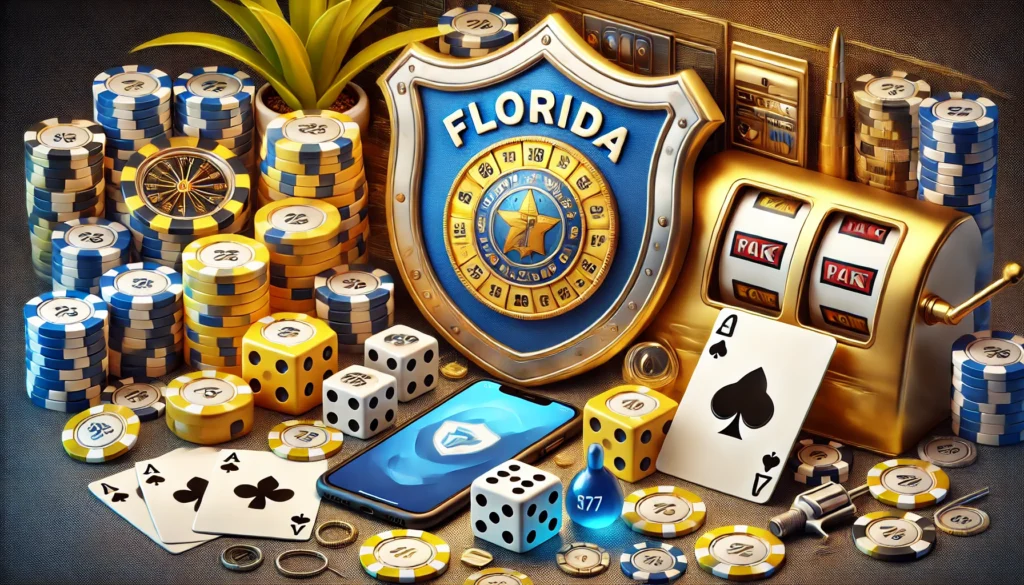 AI image of a shield with the word Florida on it surrounded by casino elements like poker chips and cards, as well as a cellphone