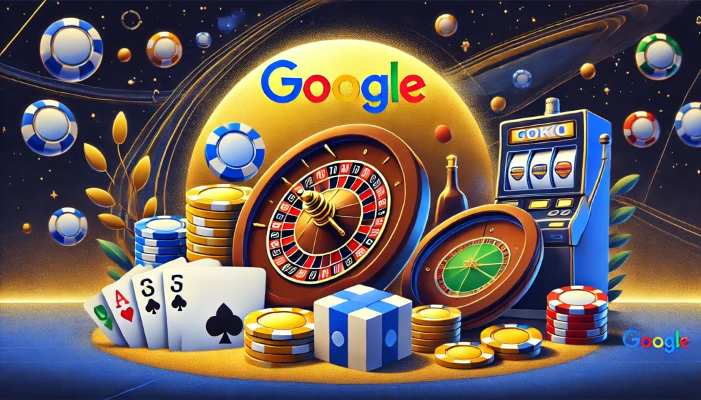 AI drawing showing the Google logo up top and below it sits a handful of casino elements, including poker chips and roulette wheels, in front of what appears to be a space-themed background