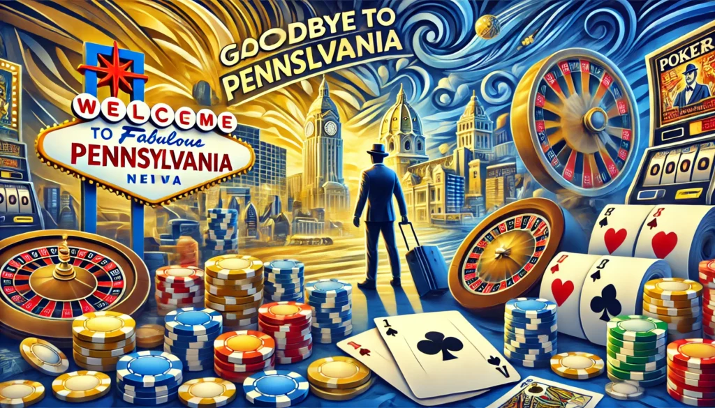 AI image showing gambler saying goodbye to Pennsylvania with familiar PA buildings and casino elements such as poker chips and roulette wheels