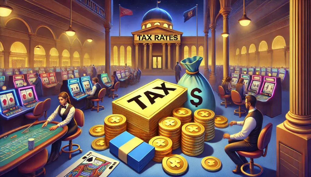 AI cartoon image showing a pile of money representing taxes in the middle of a setting that blends casino and government elements