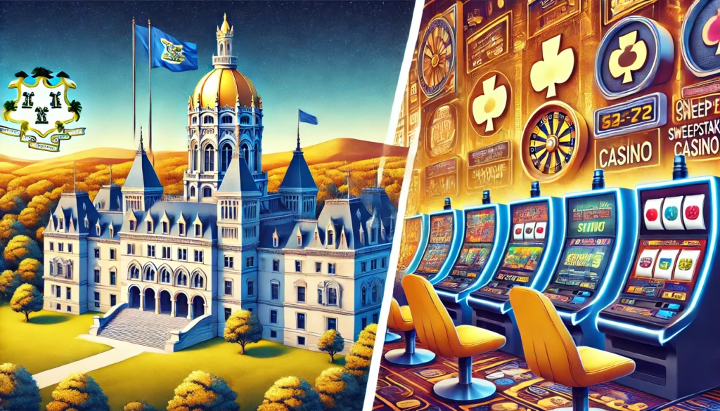 AI cartoon image showing the Connecticut statehouse on the left side and slot machines representing online sweepstakes casinos on the right side
