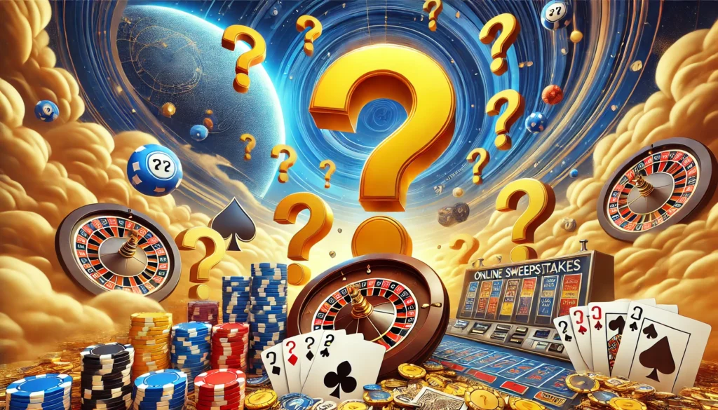 AI drawing showing big yellow question marks and casino elements such as playing cards and roulette wheels on yellow clouds in front of an outer space background