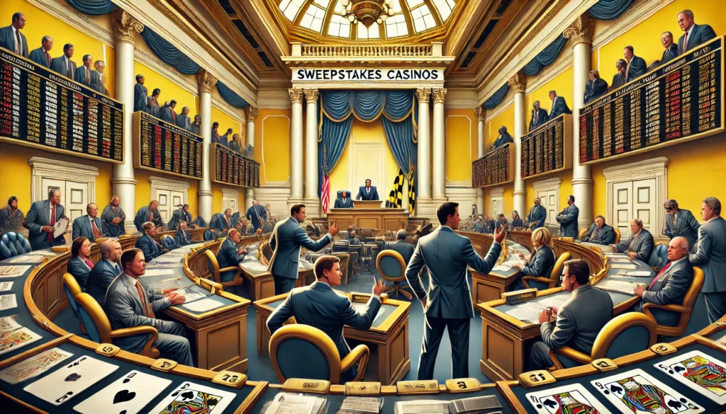 AI cartoon image of Maryland legislators discussing banning sweepstakes casinos in an immersive state senate setting