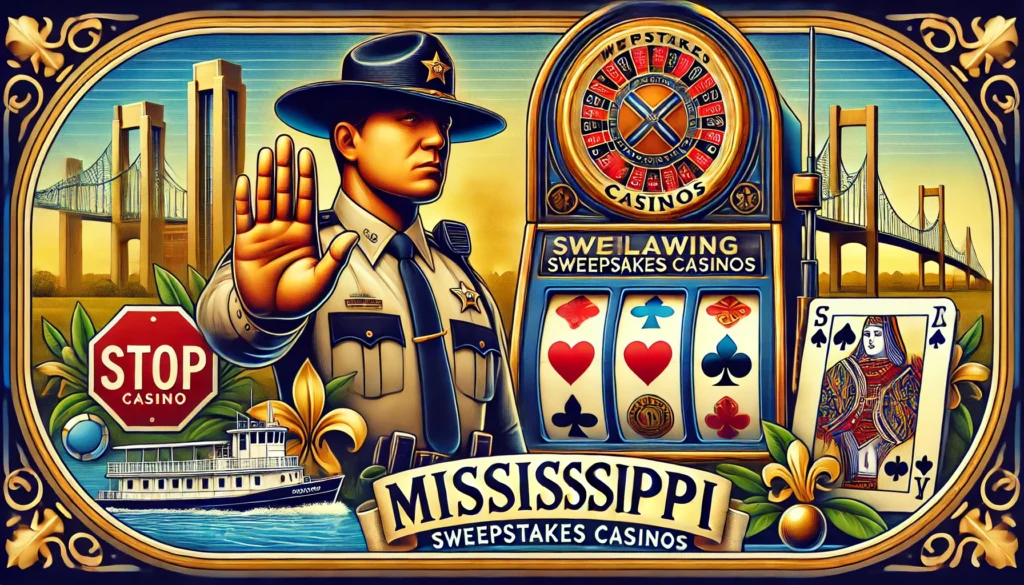 AI image representing Mississippi outlawing sweeps casinos with police officer, stop sign, and casino elements filling the image