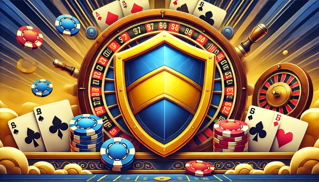 AI image of a blue and yellow shield surrounded by casino elements, such as playing cards, poker chips, and roulette wheels