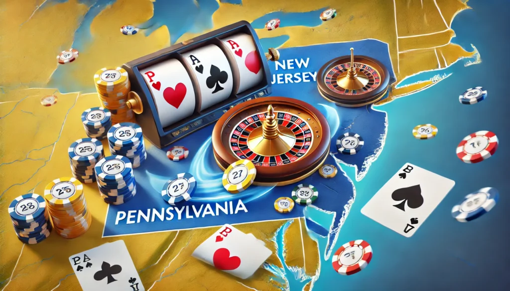 AI drawing showing casino elements on a map with Pennsylvania and New Jersey highlighted in blue