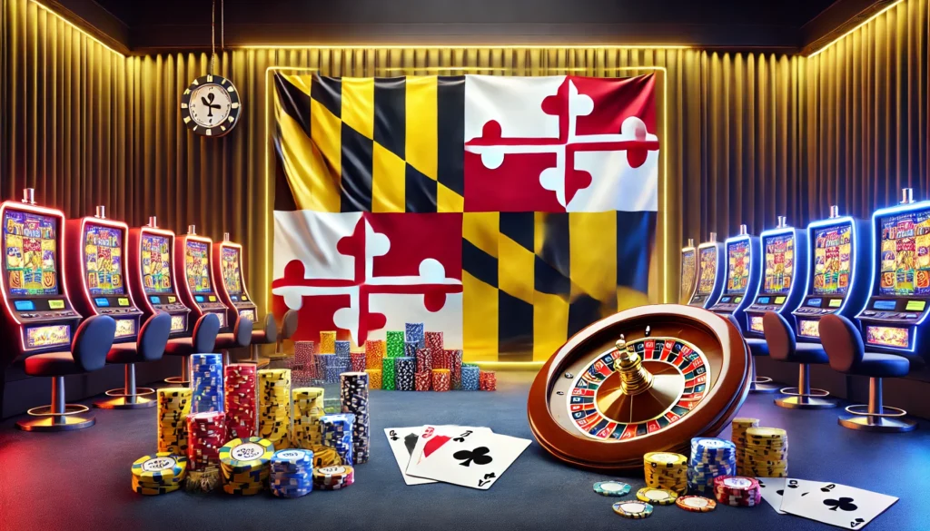 AI drawing showing a giant Maryland flag draped over a background with casino elements in front, such as slot machines and poker chips