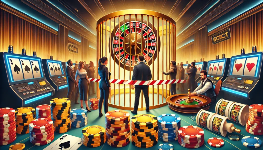 AI image of people in a casino being barred from accessing a giant roulette wheel with a gold cage
