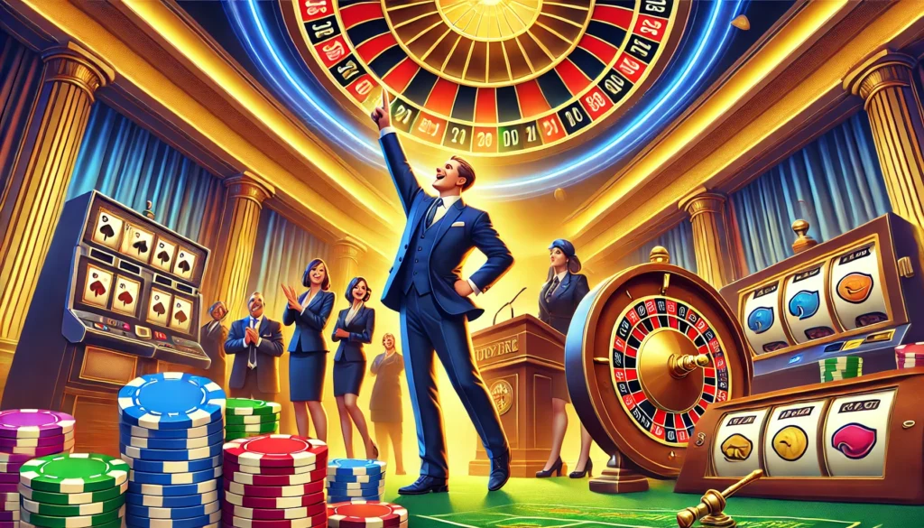 AI image showing casino officials celebrating legal victory surrounded by casino elements such as slot machines and roulette wheels