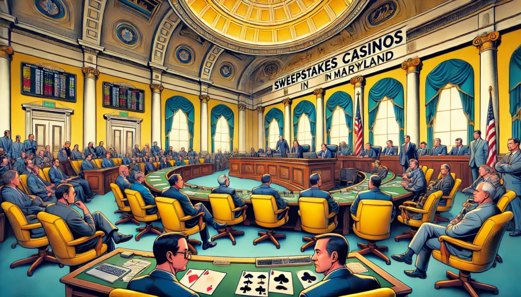 AI drawing of a legislative session with Sweepstakes Casinos in Maryland written on one of the walls above windows and poker playing cards sitting in front of two of the legislators