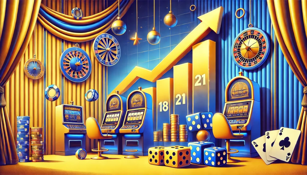 AI drawing showing a bar graph increasing in height with one 18 value and two 21 values with an upward arrow and casino elements all around, such as slot machines and poker chips