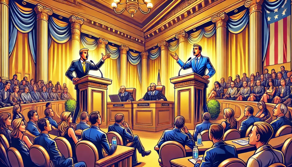 AI drawing showing two legislators debating in what looks like a legislative hall with a crowd observing and two judges overseeing the debate