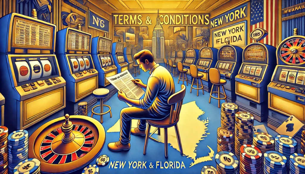 AI drawing of man reading terms and conditions while sitting down surrounded by casino slot machines and elements of New York and Florida, including a picture of the Empire State Building