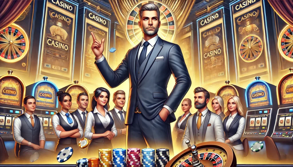 AI drawing showing man in suit in a casino setting with other people dressed nicely standing behind him looking to him with admiration