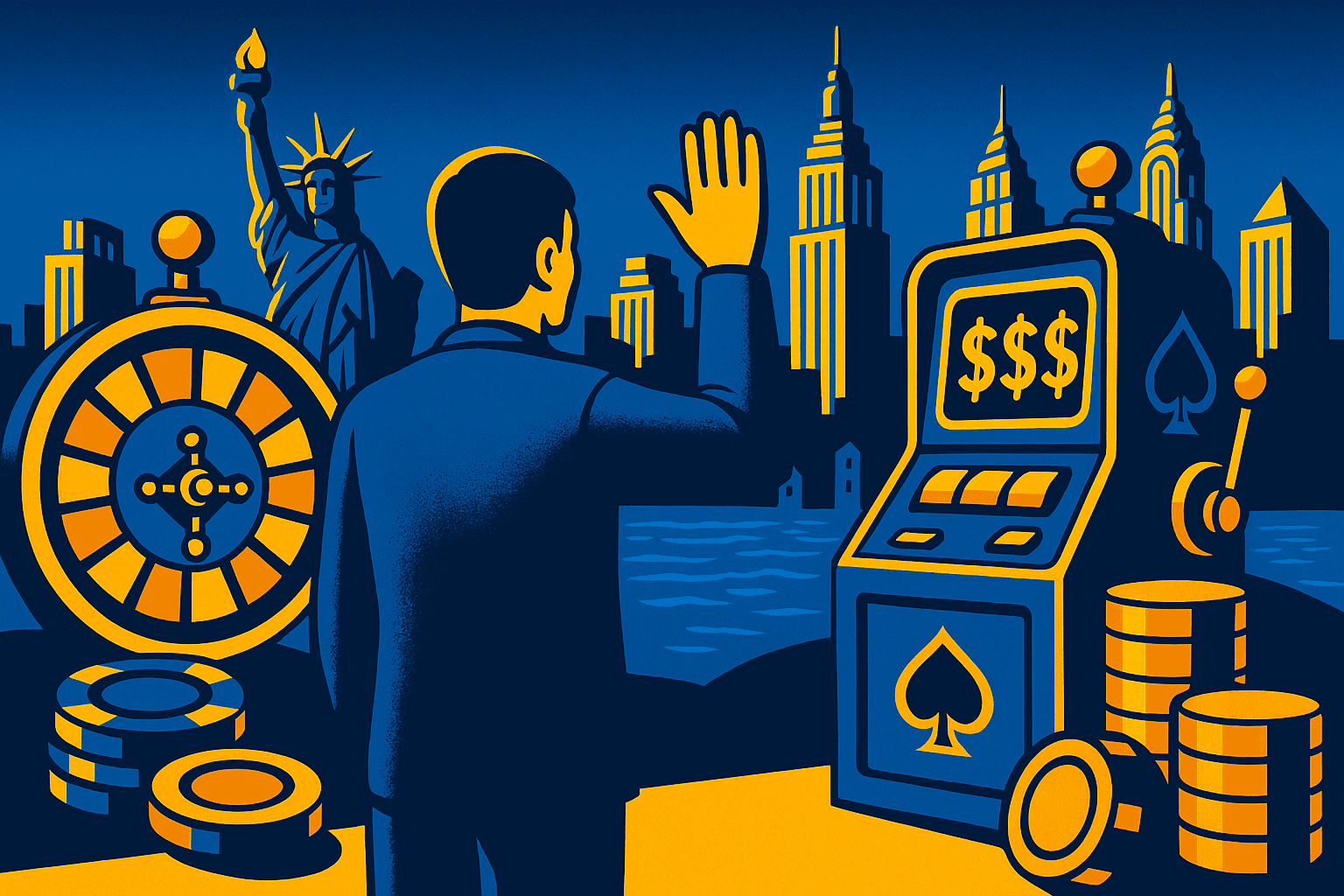 AI cartoon drawing of man from behind as he waves goodbye to the New York skyline and the Statue of Liberty, with casino elements (like a slot machine and roulette wheel) right next to him. Colors are blue, yellow, and orange.