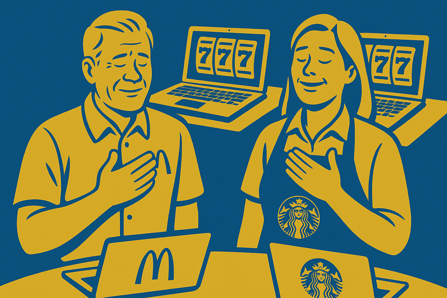 AI cartoon drawing of man McDonalds employee and woman Starbucks employee looking relieved while laptops in the background show slot machines. Colors are blue and yellow.