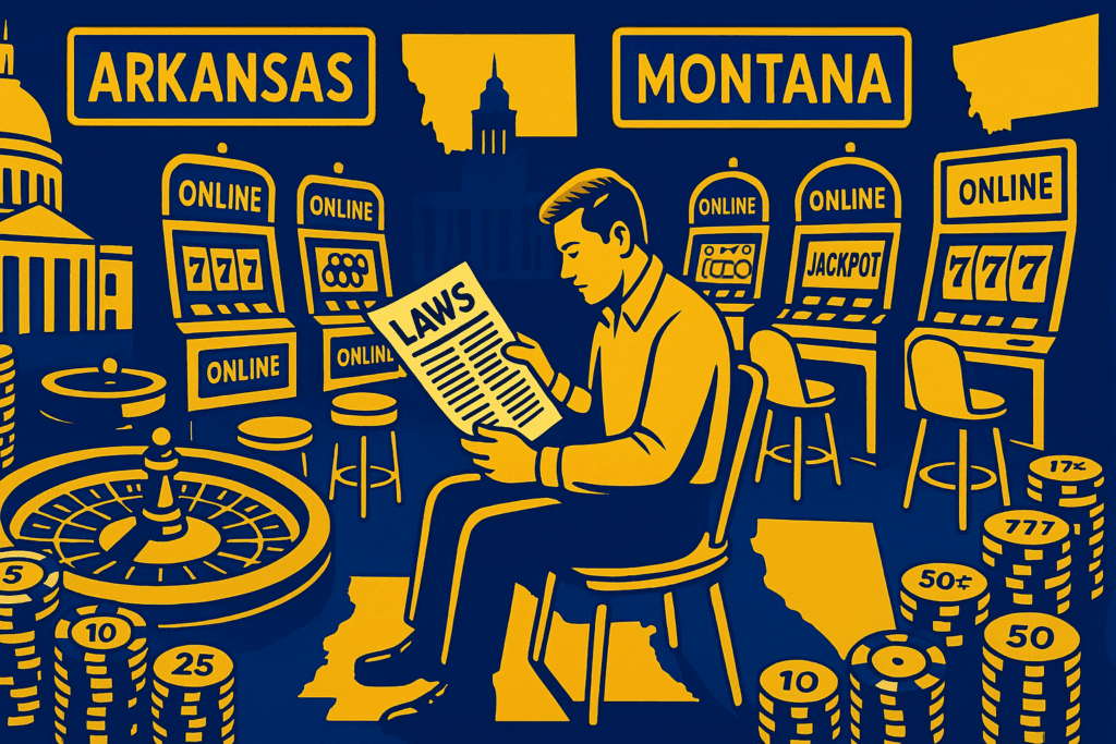 AI cartoon drawing in blue and yellow that shows man sitting in a room of casino elements, such as slot machines and a roulette wheel, looking at a document with "LAWS" at the top and "ARKANSAS" and "MONTANA" written on the wall behind him, as well as an outline of Montana with a state capitol building overlaying it