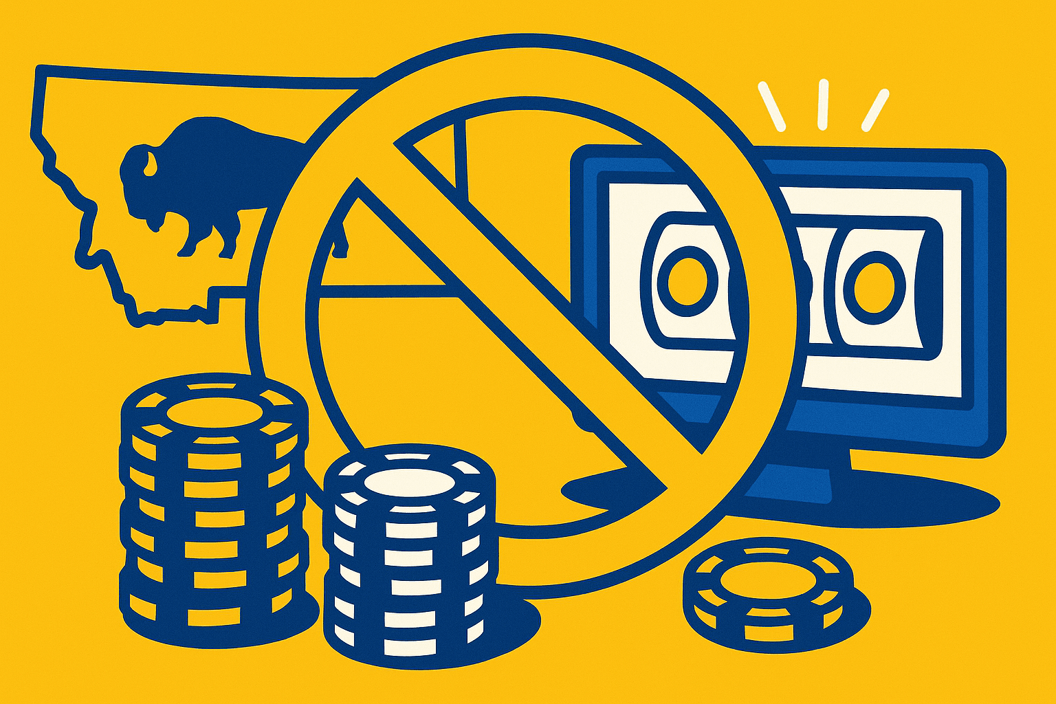 AI cartoon drawing with poker chips, a computer with a slot machine on it, a bison in a Montana outline, and a circle with a line through it in the foreground. Colors are blue, yellow, and white.