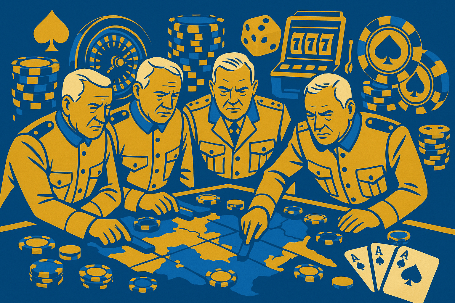 AI drawing showing four men military generals looking at a map table with poker chips on it and other casino elements, like a roulette wheel and slot machine, in the background behind them. Colors are blue, yellow, and white.