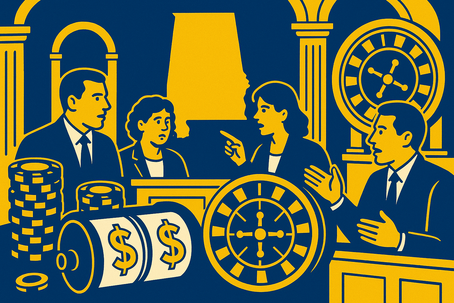 AI cartoon drawing of four people having a debate in a courtroom full of casino elements (such as roulette wheels) and an outline of Alabama on the wall. Colors are white, blue, and yellow.