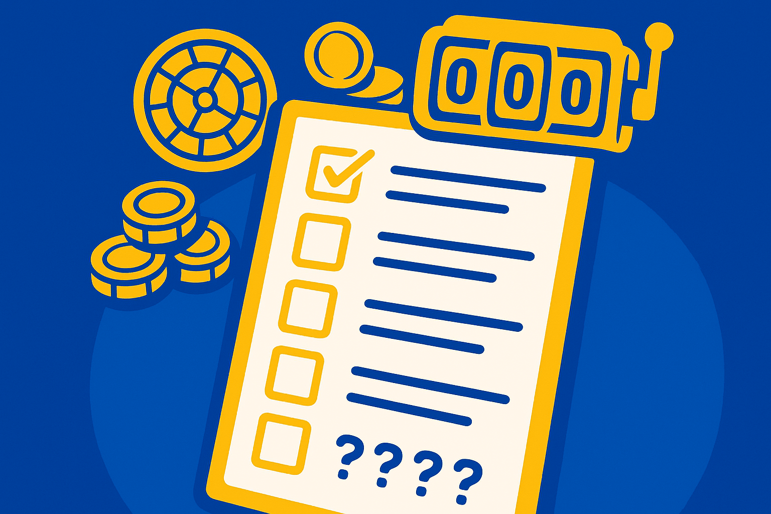 AI cartoon drawing showing a checklist with just the top entry checked and casino elements in the background (roulette wheel, poker chips, etc.). Colors are blue, yellow, and white.