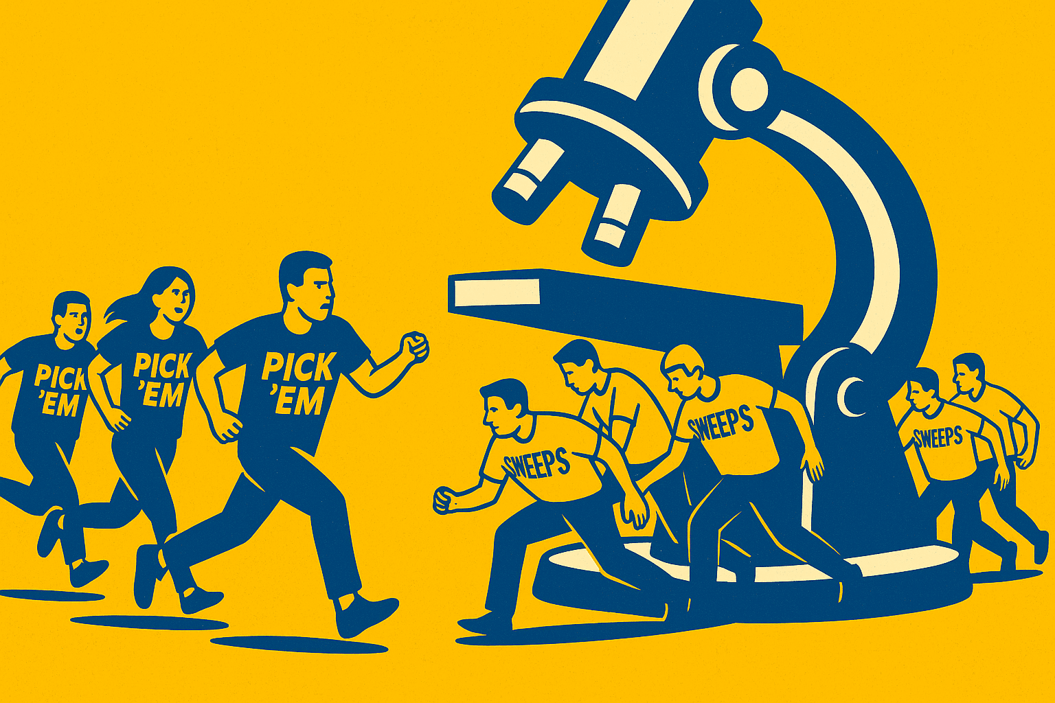 AI cartoon drawing of people wearing PICK 'EM shirts running away from giant microscope and people wearing SWEEPS shirts run near the giant microscope. Colors are yellow, blue, and white.