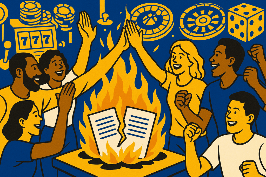 AI cartoon drawing of people celebrating and high-fiving while two documents sit engulfed in flames in the middle of the people, who are surrounded by casino elements (roulette wheels, etc.). Main colors are blue, white, and yellow.