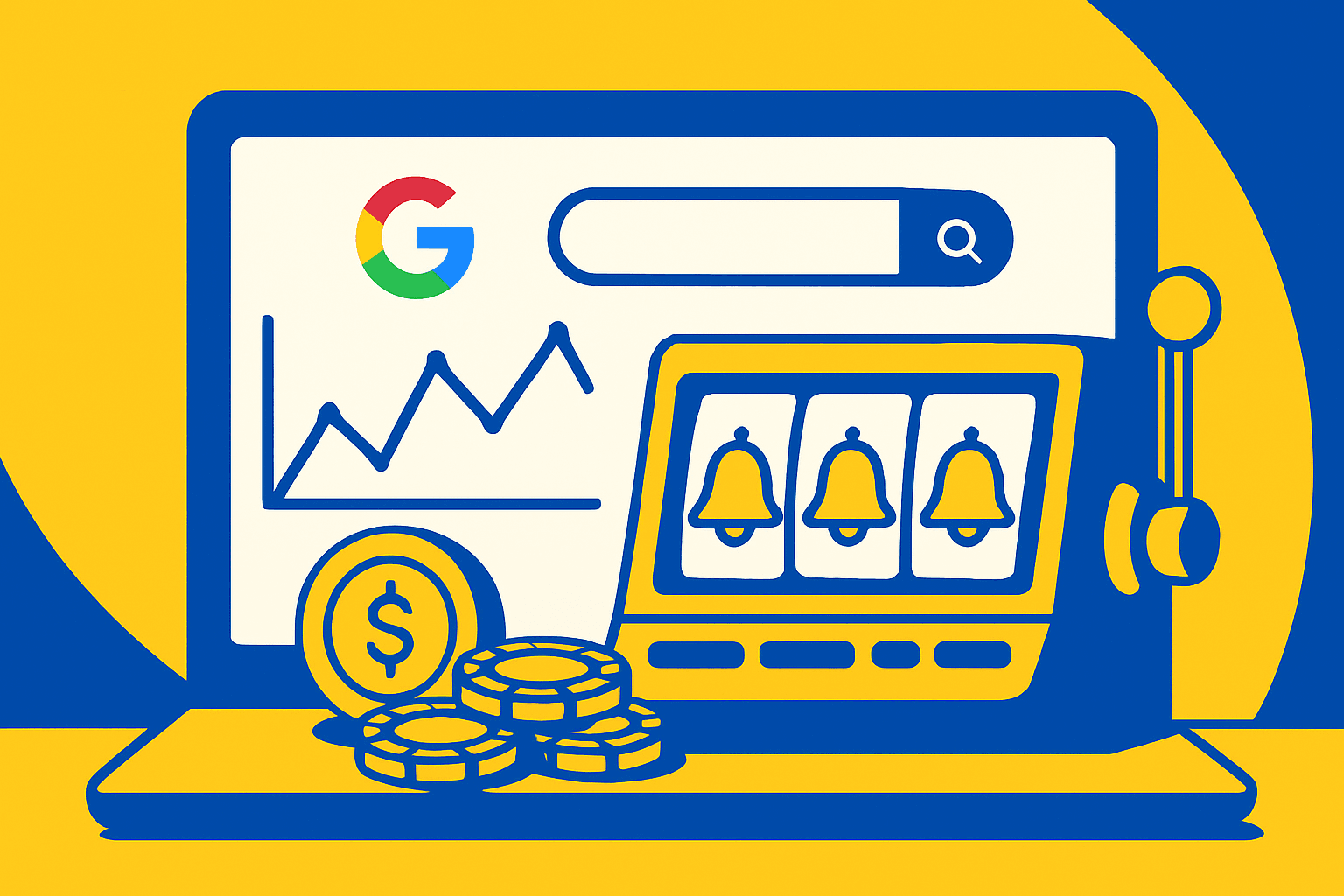 AI cartoon drawing showing open laptop with a trending up line graph and the Google "G" next to a search bar on the screen, and a slot machine and money chips on the laptop. Main colors are yellow, blue, and white.