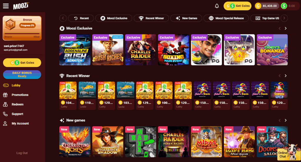 Moozi Casino homescreen