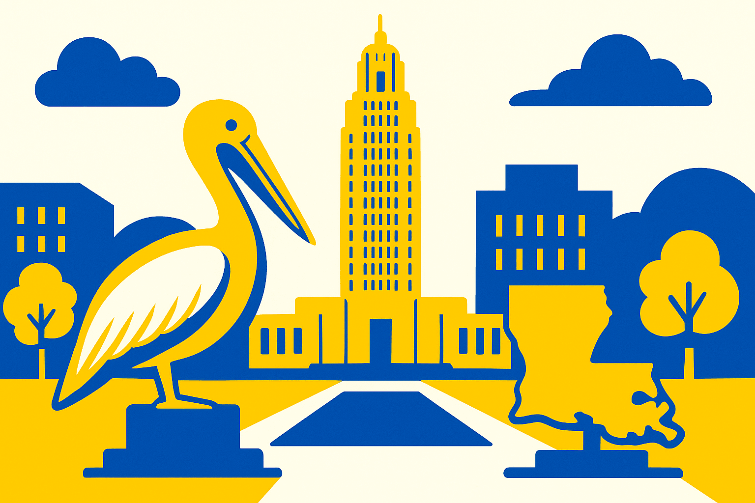 Simple representation of the Louisiana government — with the state capitol building and other Louisiana imagery — using a vibrant yellow, blue, and white color scheme inspired by a cartoon-style design