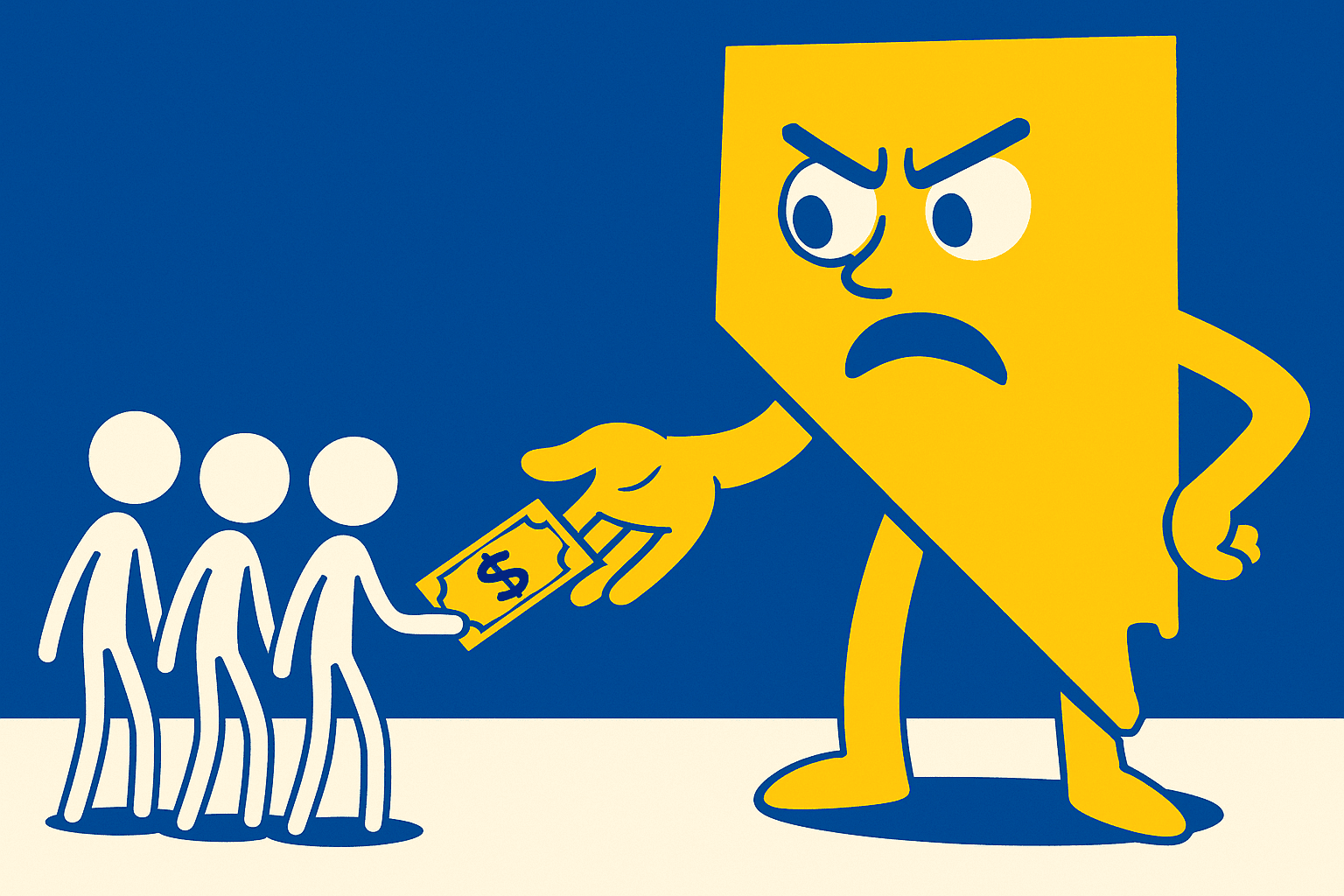 A personified map of Nevada demanding money from a group of stick figures using a vibrant yellow, blue, and white color scheme inspired by a cartoon-style design.