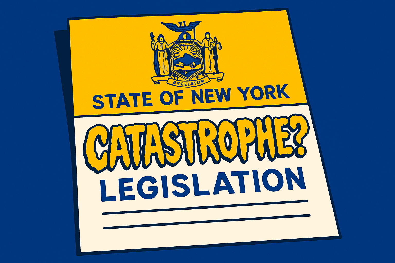 AI cartoon drawing of a sign that says "State of New York Catastrophe? Legislation" with the New York state seal at the top. Colors are blue, yellow, white, and black.